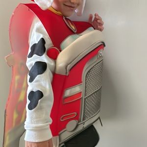 Marshall Paw Patrol fire truck costume and spotted sweatshirt